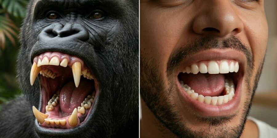 Imagem Ter-caninos-não-define-uma-dieta-gorilas-possuem-caninos-muito-maiores-que-os-nossos-e-vivem-de-plantas